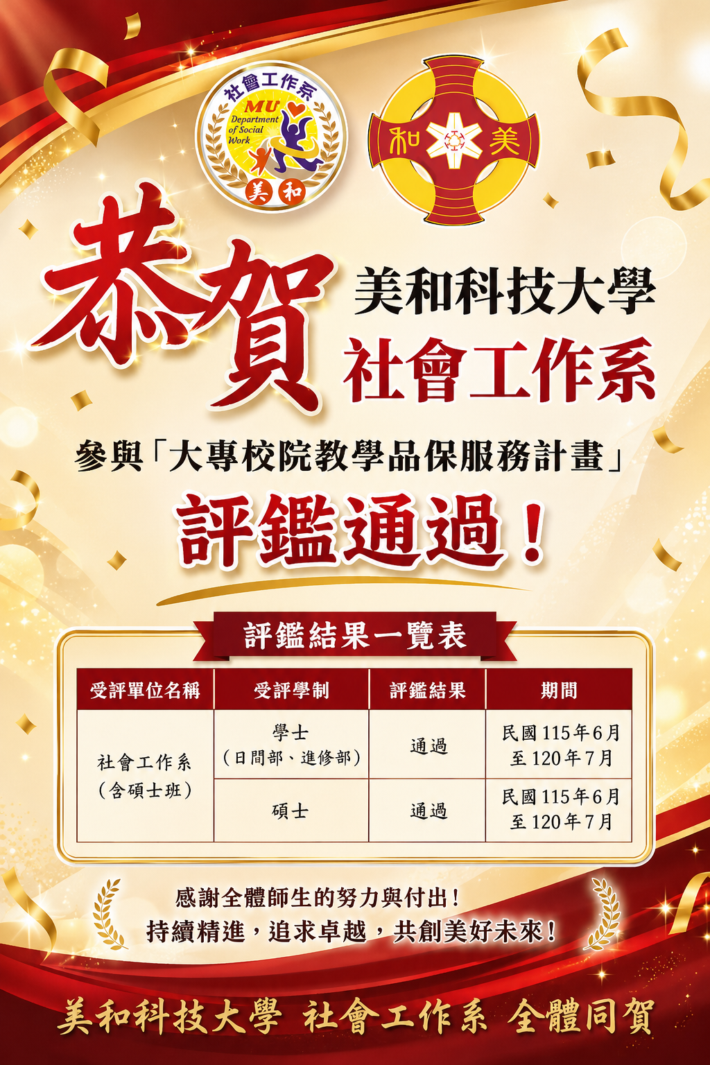 Link to 115年社會工作系大專校院教學品保評鑑通過
