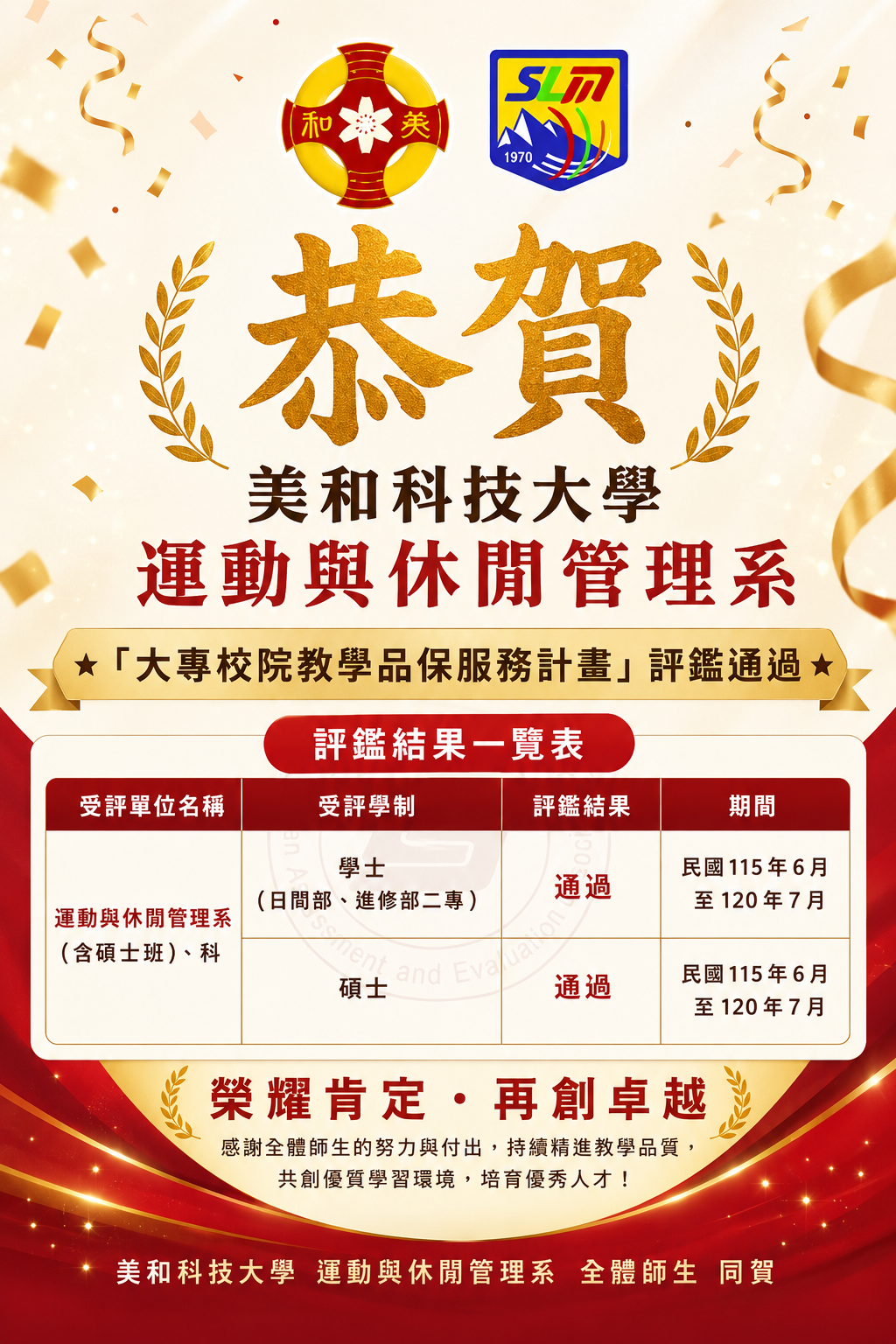 Link to 運動與休閒管理系大專校院教學品保服務評鑑通過